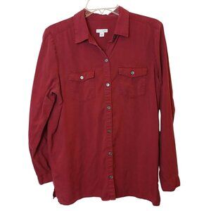 J. Jill Womens Red Button-Up Tencel Long Sleeve Shirt M Pockets #I-11